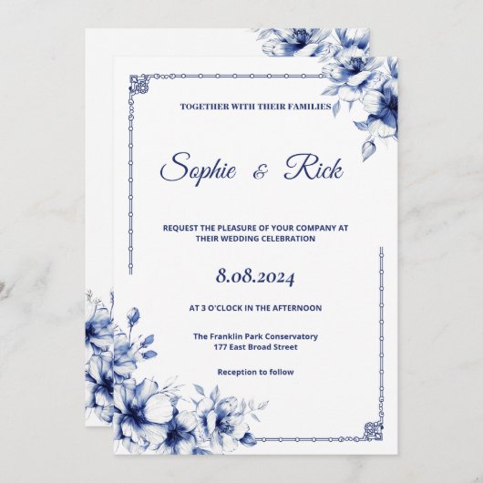 Blaue Blumen Hochzeit Einladung (Vorne/Hinten)