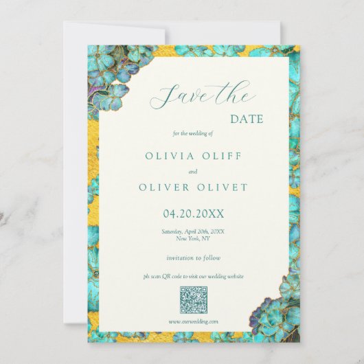 Blaue Blumen Hochzeit Termin QR Code Einladung (Vorderseite)