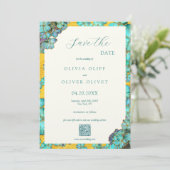Blaue Blumen Hochzeit Termin QR Code Einladung (Stehend Vorderseite)
