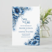 Blaue Blumen Hochzeit Termin vormerken Save The Date (Stehend Vorderseite)