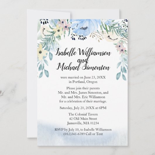 Blaue Blumen Hochzeitsempfang Einladungen (Vorderseite)