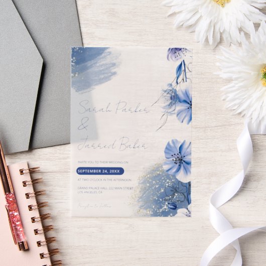 Blaue Blumen Hochzeitsfeiern Pergament Einladungen (Hochzeit)