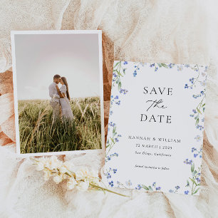 Blaue Blumen Hochzeitsfoto Save-the-Date-Karte Save The Date