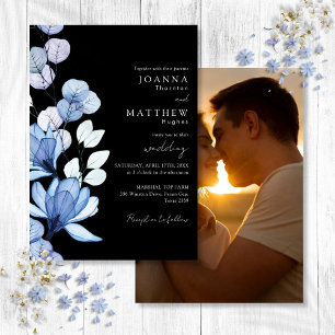 Blaue Blumen Hochzeitsfoto Schwarz-Weiß Hochzeit Einladung