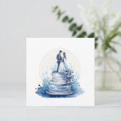 Blaue Blumen Hochzeitstorte Speichern Save The Date (Stehend Vorderseite)