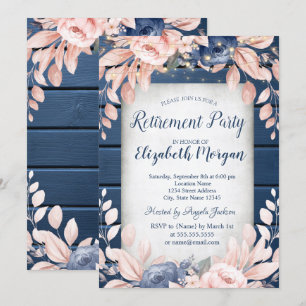 Blaue Blumen Holz Ruhestandsparty Einladung