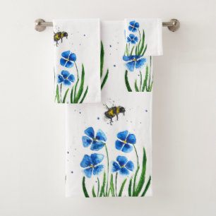 Blaue Blumen Hummel Wildblumen Aquarell Badhandtuch Set