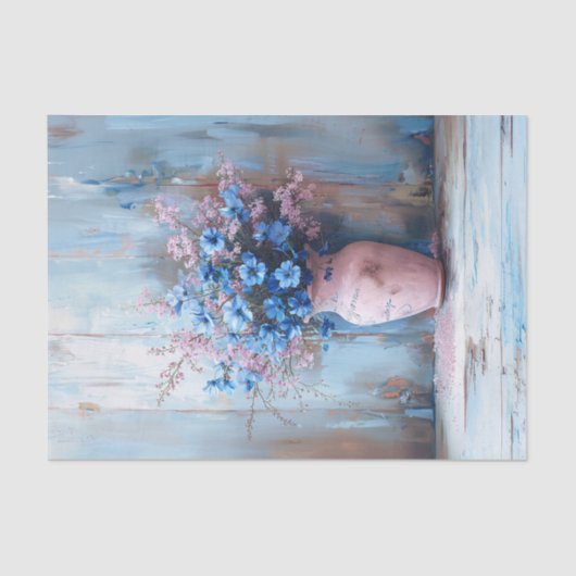 Blaue Blumen in einem rosa Vase Shabby Decoupage Seidenpapier (Vorderseite)