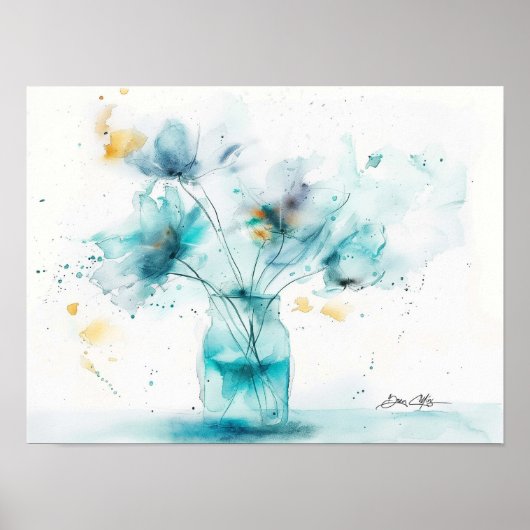 Blaue Blumen in einer Glasvase Poster (Vorne)