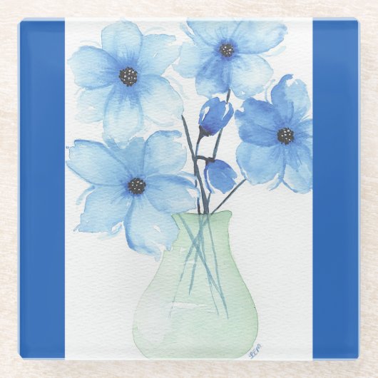 Blaue Blumen in einer Vase-Mitteilungskarten Glasuntersetzer (Vorderseite)