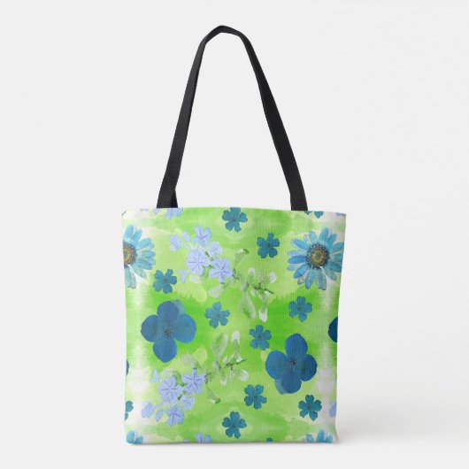 Blaue Blumen in Lime Green Tasche (Rückseite)