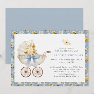 Blaue Blumen-Kinderwagen-Baby-Party Einladung