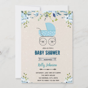 Blaue Blumen-Kinderwagen-Thema Einladung