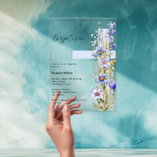 Blaue Blumen Kreuz Junge klar Taufe Acryleinladungen