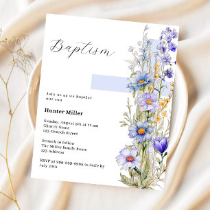 Blaue Blumen Kreuz Junge Taufeinladung
