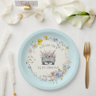 Blaue Blumen-LKW Baby Junge in Blüten Papierplatte Pappteller