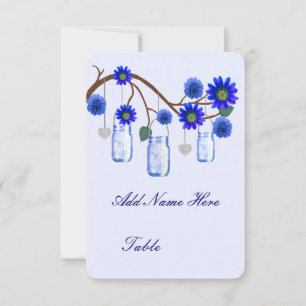 Blaue Blumen Mason Gläser Tisch Namenskarte Einladung