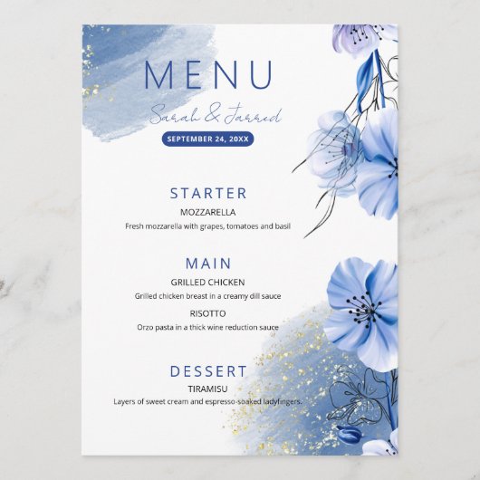 Blaue Blumen Menükarte (Vorderseite)