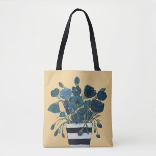 Blaue Blumen mit gestreifter Vasen-feiner Kunst Tasche