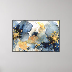 Blaue Blumen mit goldenen Zentren – Abstrakte Wand Leinwanddruck