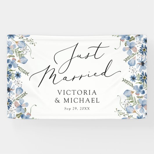 Blaue Blumen Moderne nur verheiratet Banner (Horizontal)