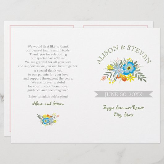 Blaue Blumen Modernes Hochzeitsprogramm (Vorne/Hinten)