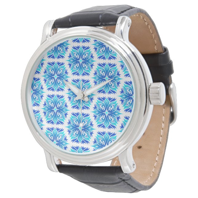 Blaue Blumen, Muster der Blume, Blumenmuster Armbanduhr (Schrägansicht)