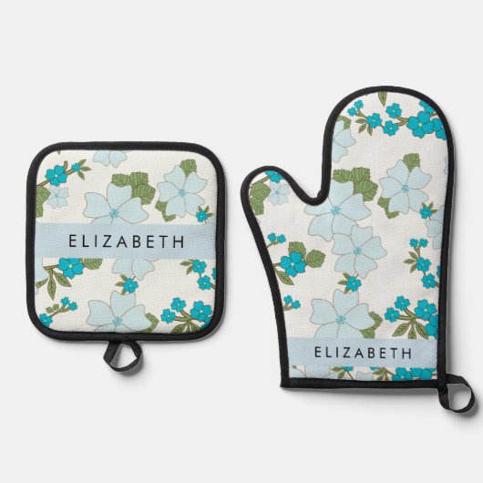 Blaue Blumen, Muster von Blume, Ihr Name Ofenhandschuh & Topflappen-Set (Vorderseite)