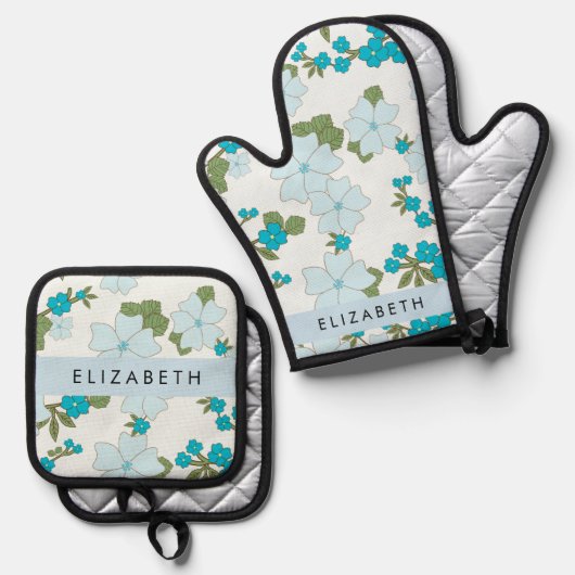 Blaue Blumen, Muster von Blume, Ihr Name Ofenhandschuh & Topflappen-Set (Vorderseite/Rückseite)