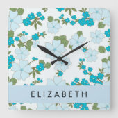 Blaue Blumen, Muster von Blume, Ihr Name Quadratische Wanduhr (Vorderseite)