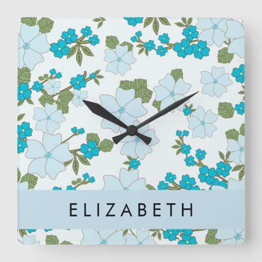 Blaue Blumen, Muster von Blume, Ihr Name Quadratische Wanduhr (Vorderseite)