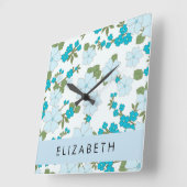 Blaue Blumen, Muster von Blume, Ihr Name Quadratische Wanduhr (Winkel)