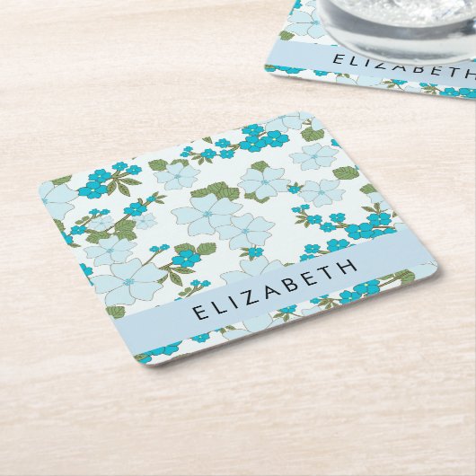 Blaue Blumen, Muster von Blume, Ihr Name Rechteckiger Pappuntersetzer (angewinkelt)