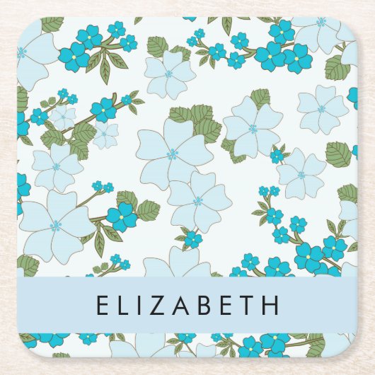 Blaue Blumen, Muster von Blume, Ihr Name Rechteckiger Pappuntersetzer (Vorderseite)