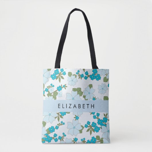 Blaue Blumen, Muster von Blume, Ihr Name Tasche (Vorderseite)