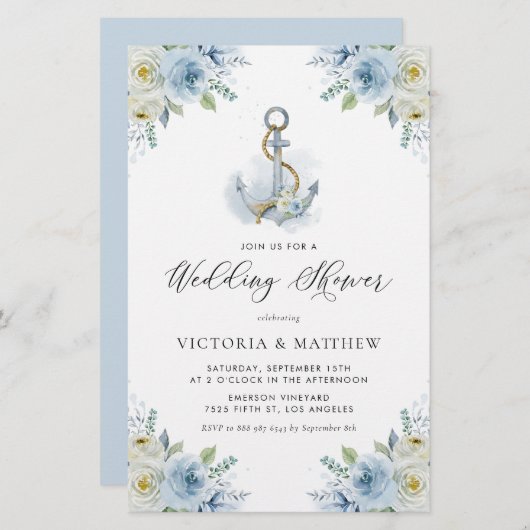 Blaue Blumen Nautischer Polterabend Einladung (Vorne/Hinten)