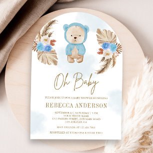 Blaue Blumen Pampas Teddybär Bogen Baby Shower Einladung