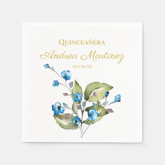 Blaue Blumen Personalisiert Quinceañera Serviette (Vorderseite)