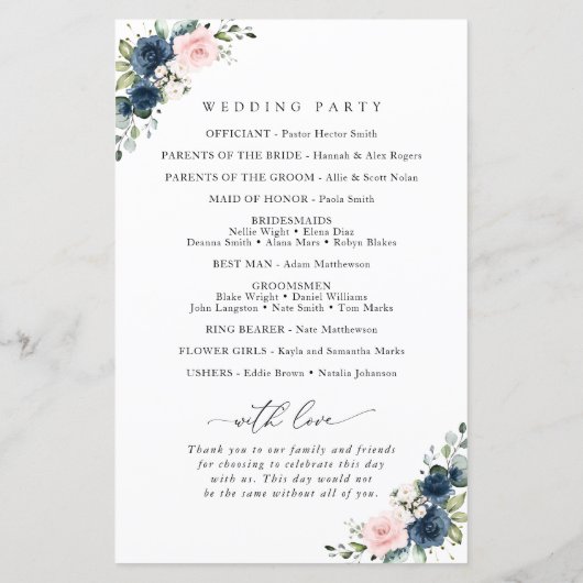 Blaue Blumen, rosa Blume, Hochzeitsprogramm (Rückseite)