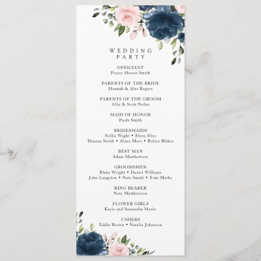 Blaue Blumen, rosa Blume, Hochzeitsprogramm Programm (Rückseite)