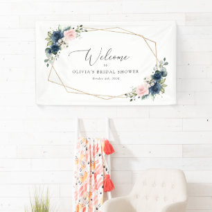 Blaue Blumen, rosa Blumen, Hochzeitsbegrüßung Banner