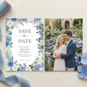 Blaue Blumen-Save-the-Date-Postkarte mit Foto Flac Einladung