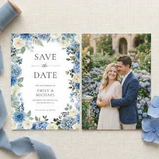 Blaue Blumen-Save-the-Date-Postkarte mit Foto Flac Einladung