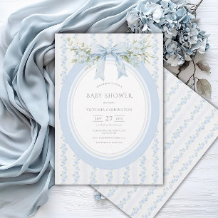 Blaue Blumen-Schleife Vintage-Baby-Party Einladung
