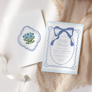 Blaue Blumen-Schleifen Vintage Baby Shower Einladung