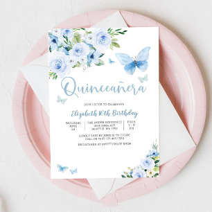 Blaue Blumen-Schmetterling Sweet 16 Einladung