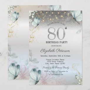 Blaue Blumen Schmetterlinge Silber 80. Geburtstag Einladung