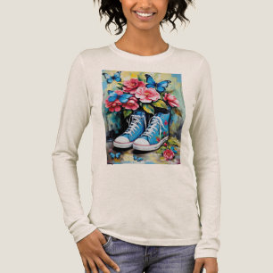 Blaue Blumen-Schnür-Halbschuhe & Schmetterlinge Tri-Blend Shirt
