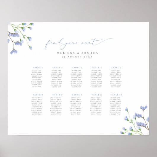 Blaue Blumen Script Hochzeitsdiagramm Poster (Vorne)