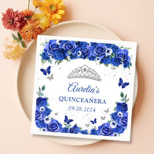 Blaue Blumen Silber Schmetterlinge Quinceanera Ser Serviette